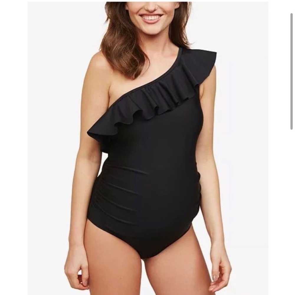 Beach Bump by Motherhood Maternity Black Ruffle One Shoulder‎ Swimsuit Size M